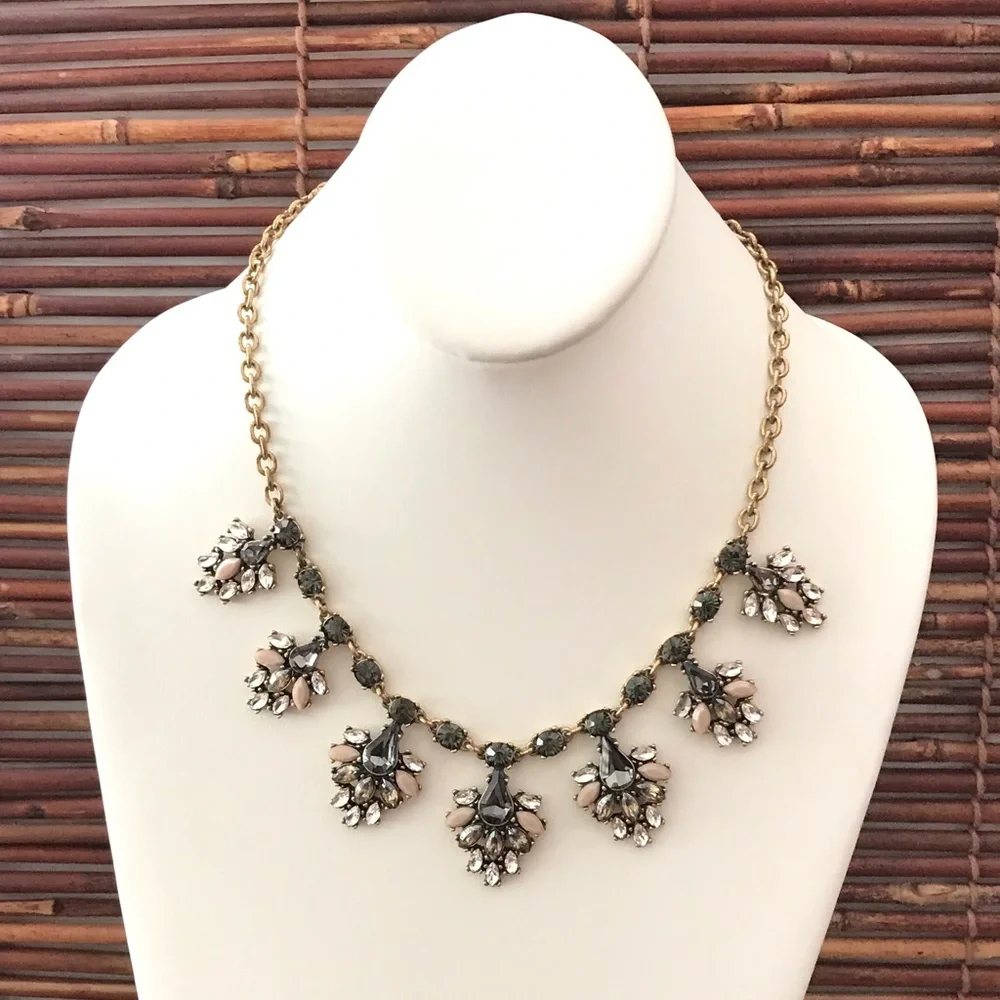 J. Crew Bewjeweled Rhinestone Gold Tone Floral Necklace